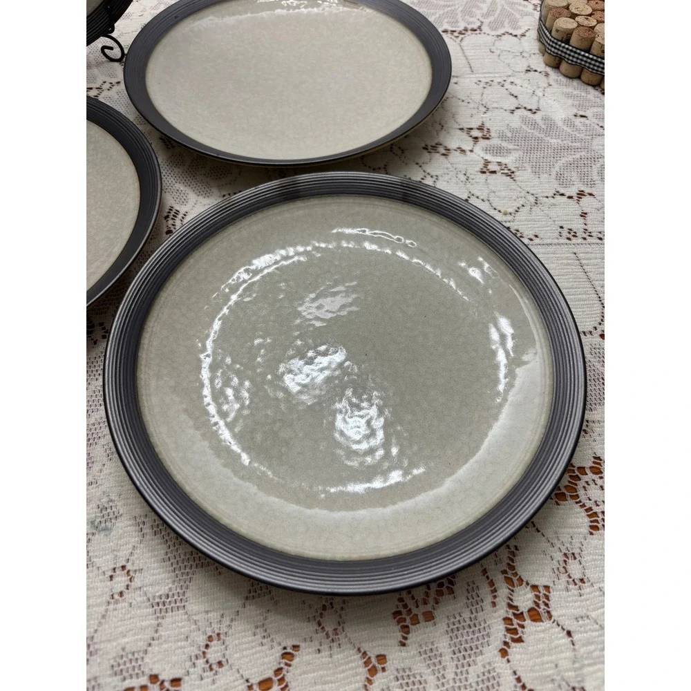 Sango Omega Pearl 4662 Dinner Plates Set of 4 Stoneware Grey Black Rim 11